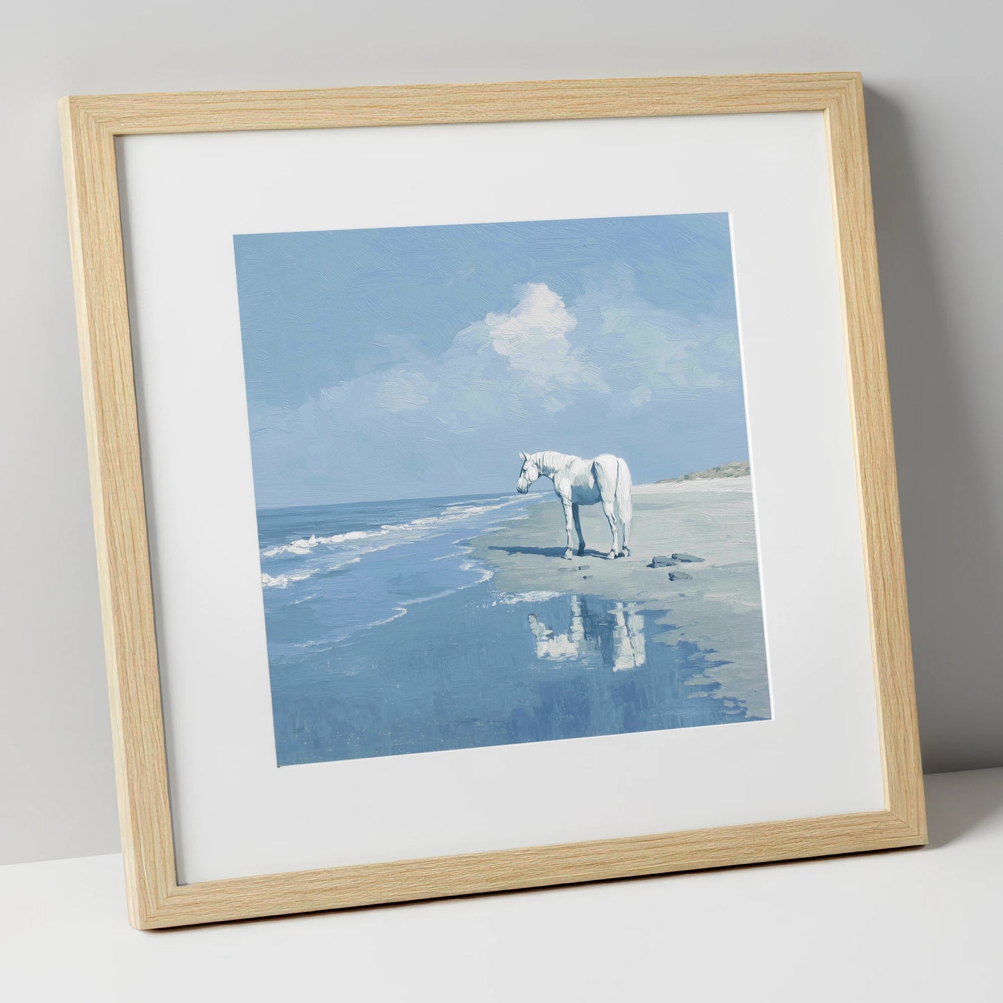 Reflections at Ebb Tide horse landscape art print in natural frame