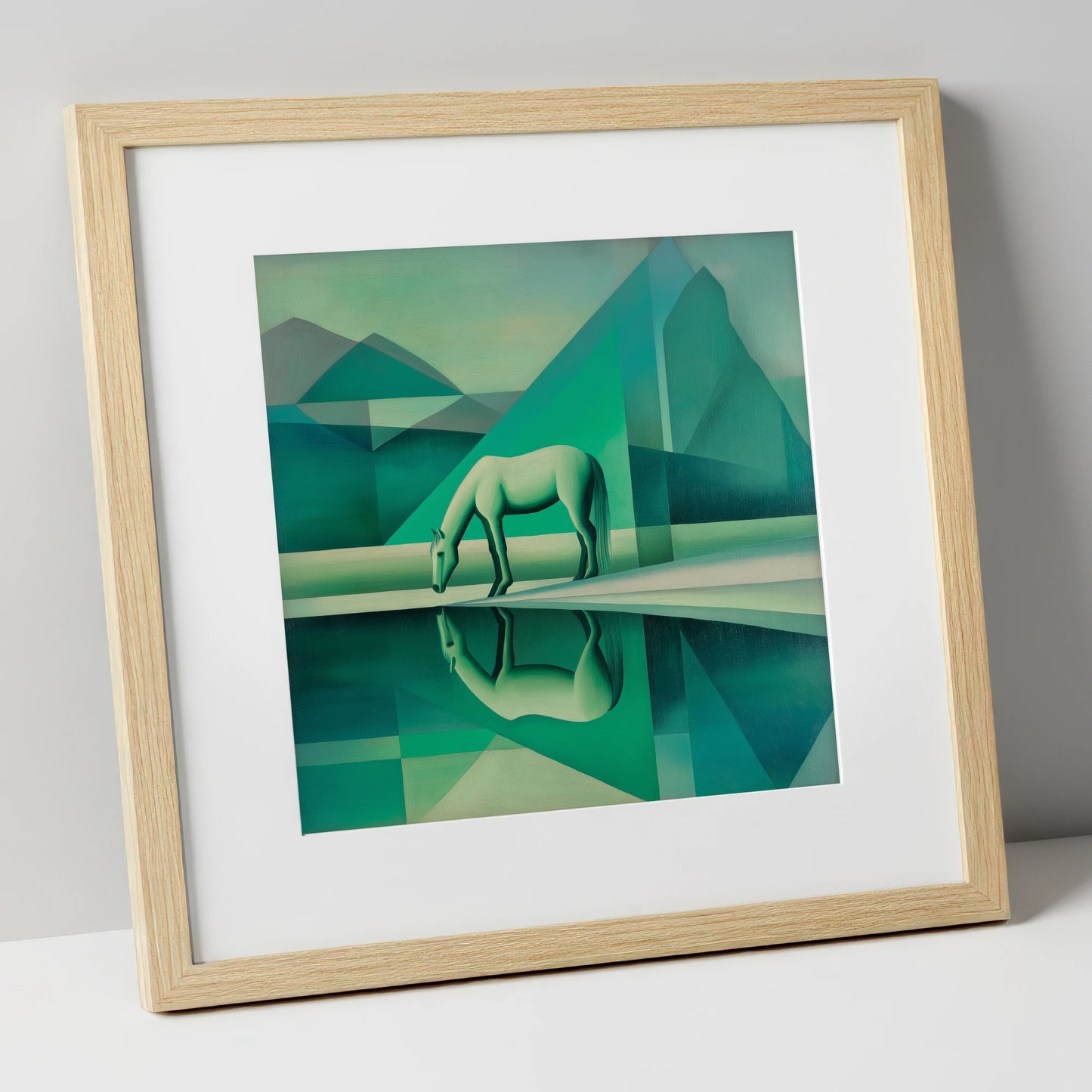 Emerald Geometric Serenity horse landscape art print in natural frame