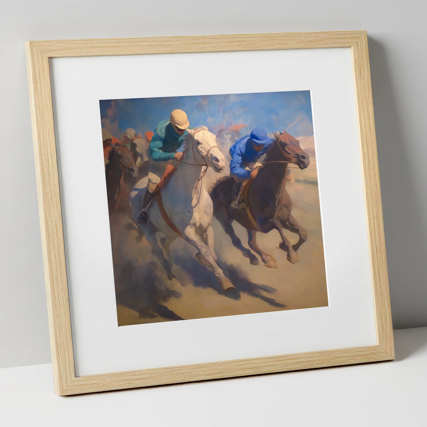 The Final Furlong racing horse art print in natural frame