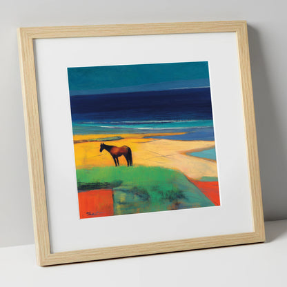 Vibrant Coastal Solitude horse landscape art print in natural frame