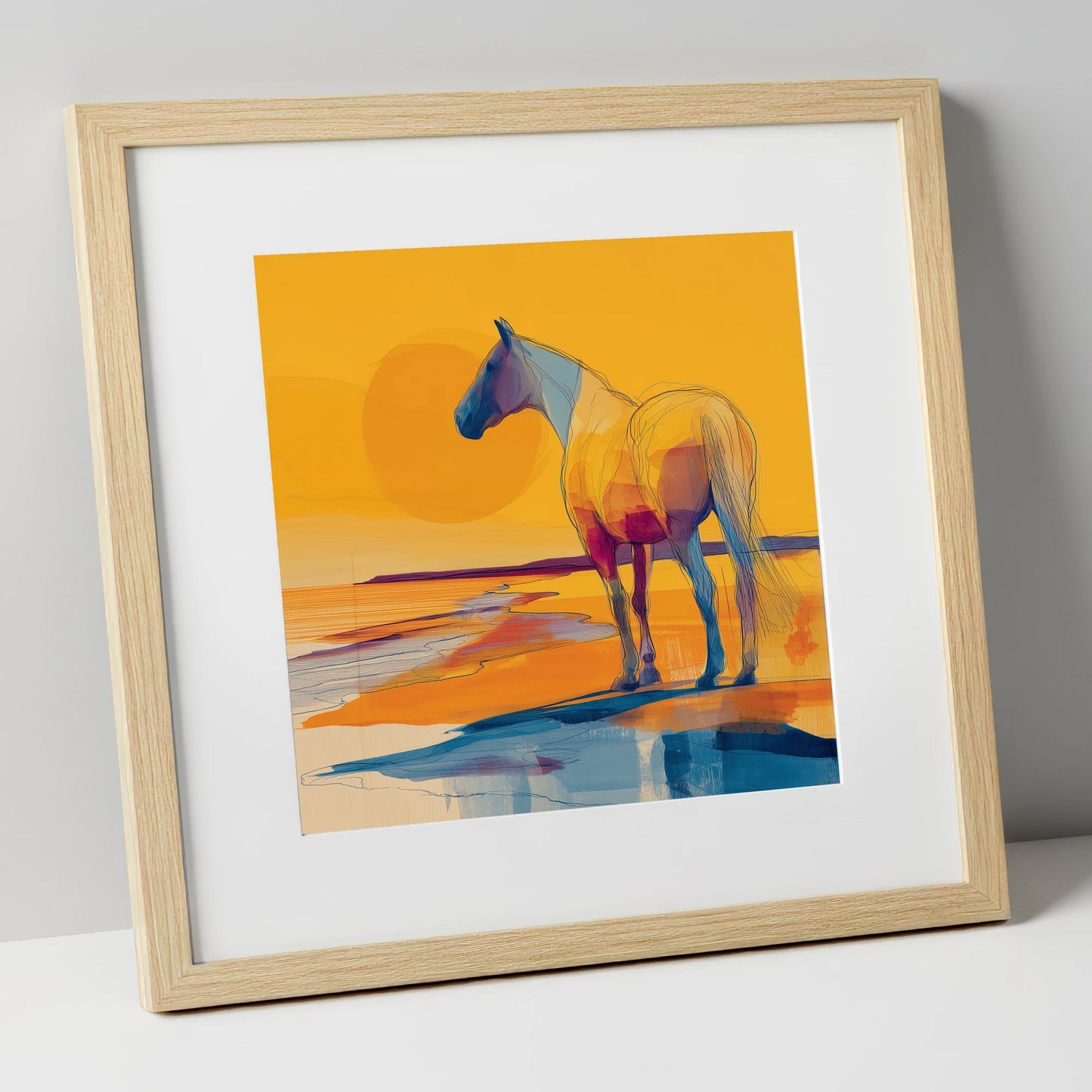 Golden Shoreline Silhouette horse landscape art print in natural frame