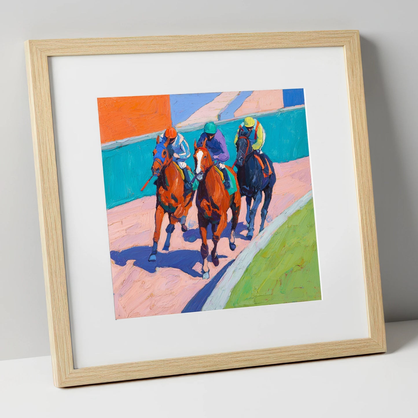 The Final Furlong racing horse art print in natural frame