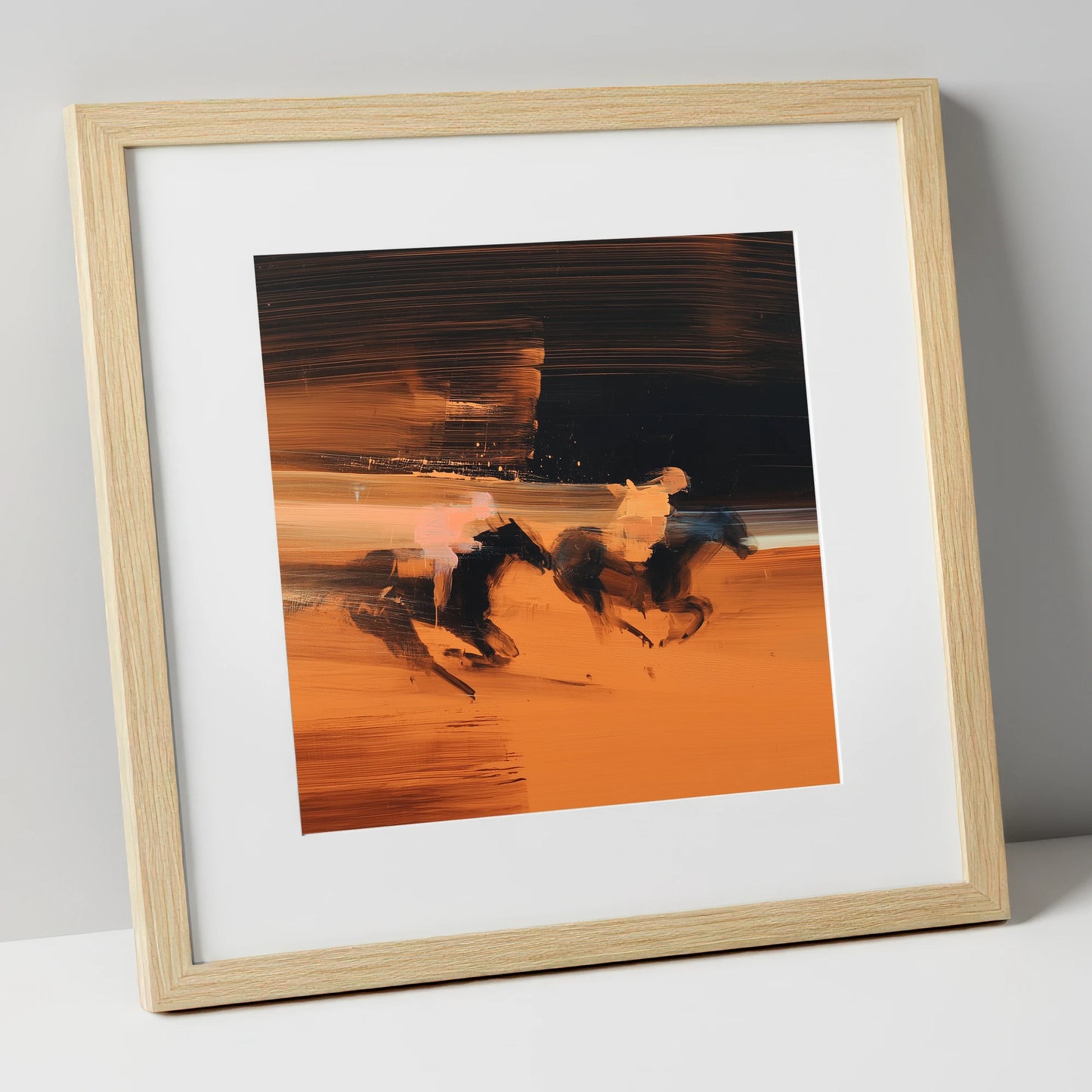 Amber Pursuit racing horse art print in natural frame