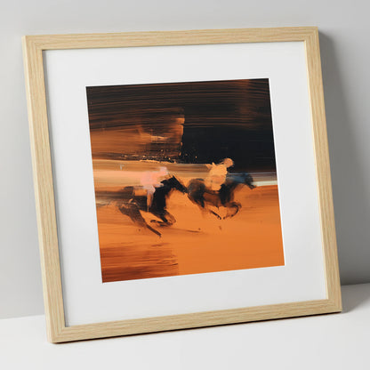 Amber Pursuit racing horse art print in natural frame