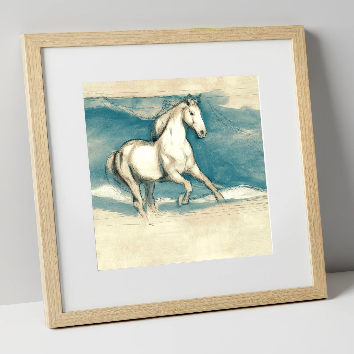 Ethereal Grey Canter horse portrait art print in natural frame