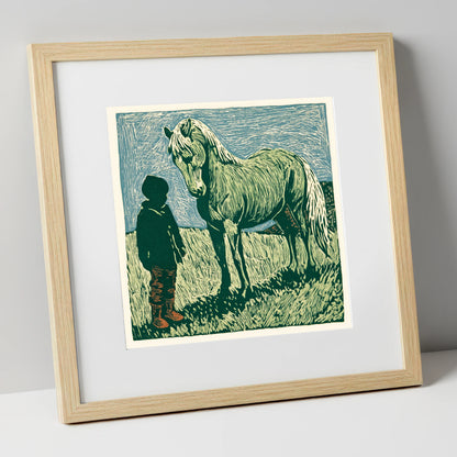 The Silent Bond horse & rider art print in natural frame