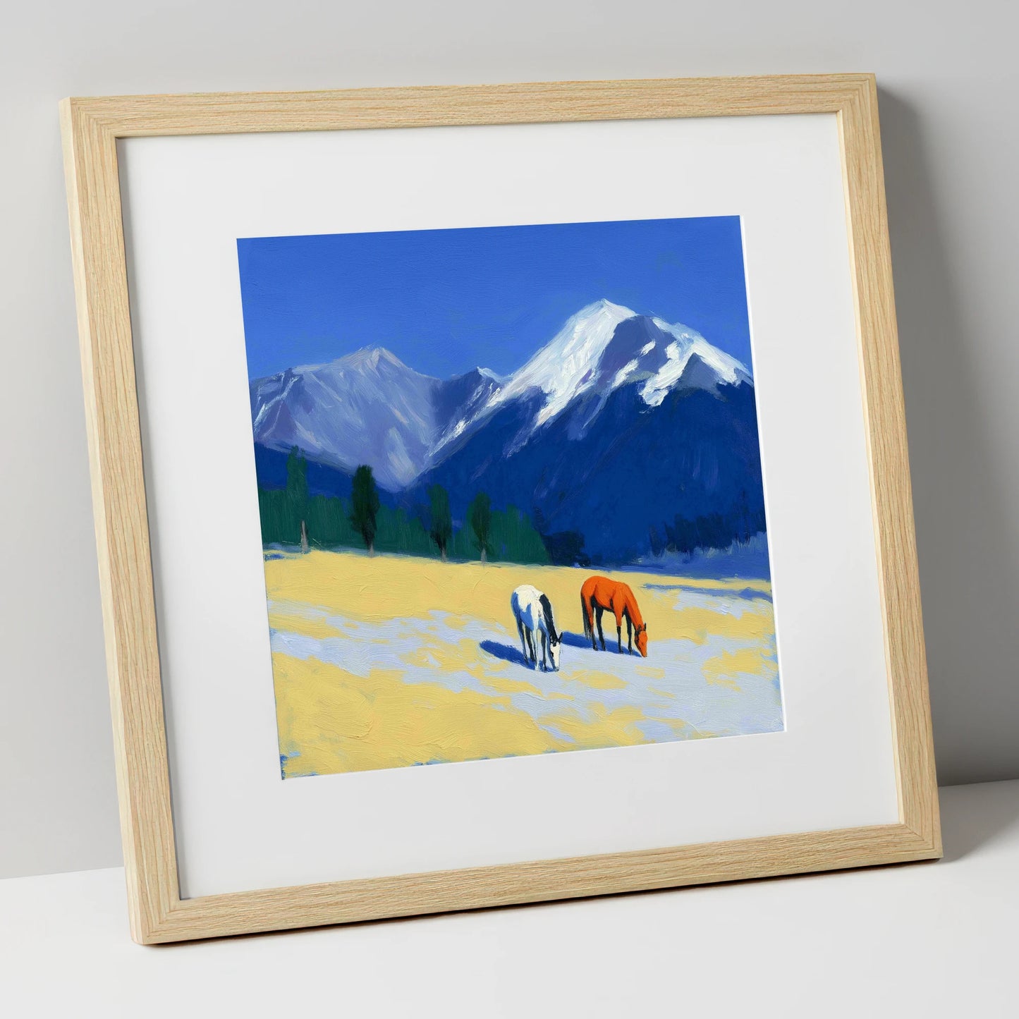 Azure Peaks and Golden Grazing horse landscape art print in natural frame