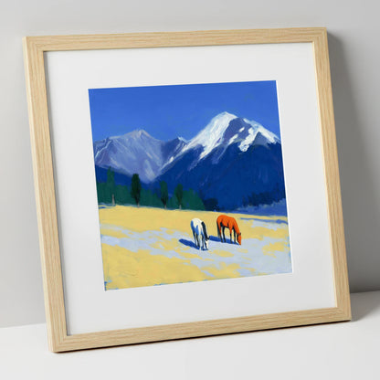 Azure Peaks and Golden Grazing horse landscape art print in natural frame