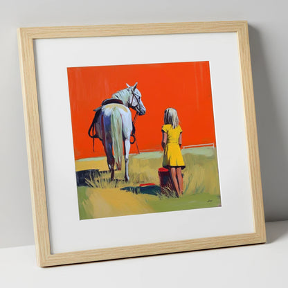 The Yellow Dress horse & rider art print in natural frame