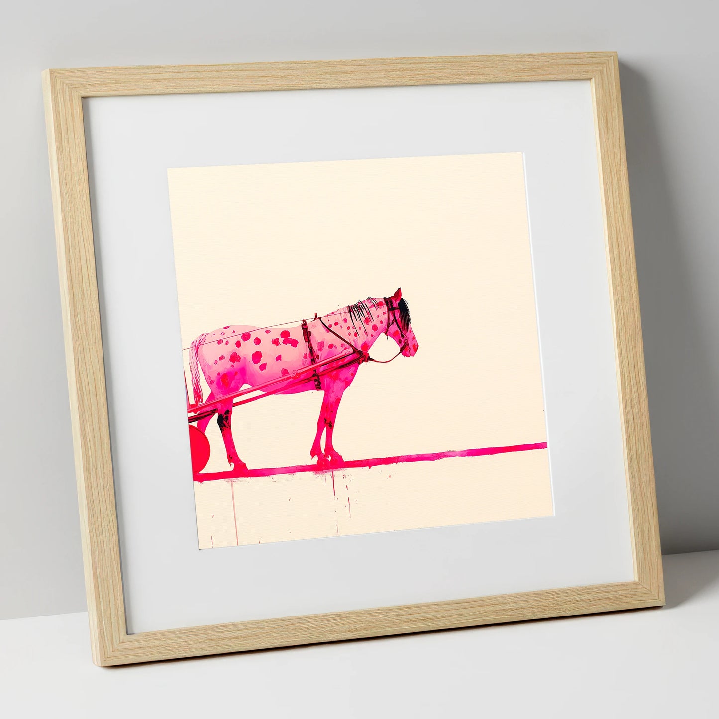 Vibrant Spotted Harness working horse art print in natural frame