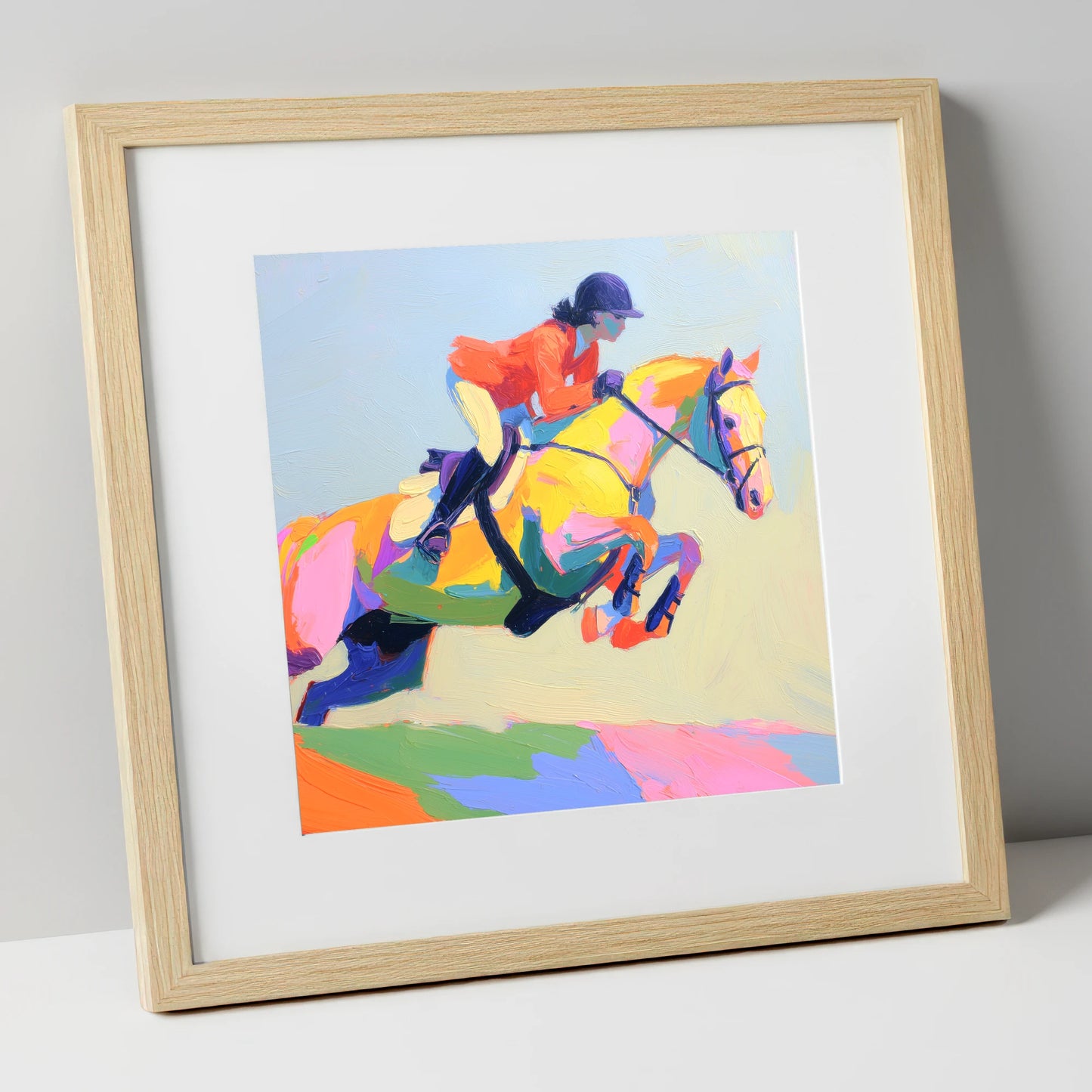 Chromatic Showjumper show jumping horse art print in natural frame