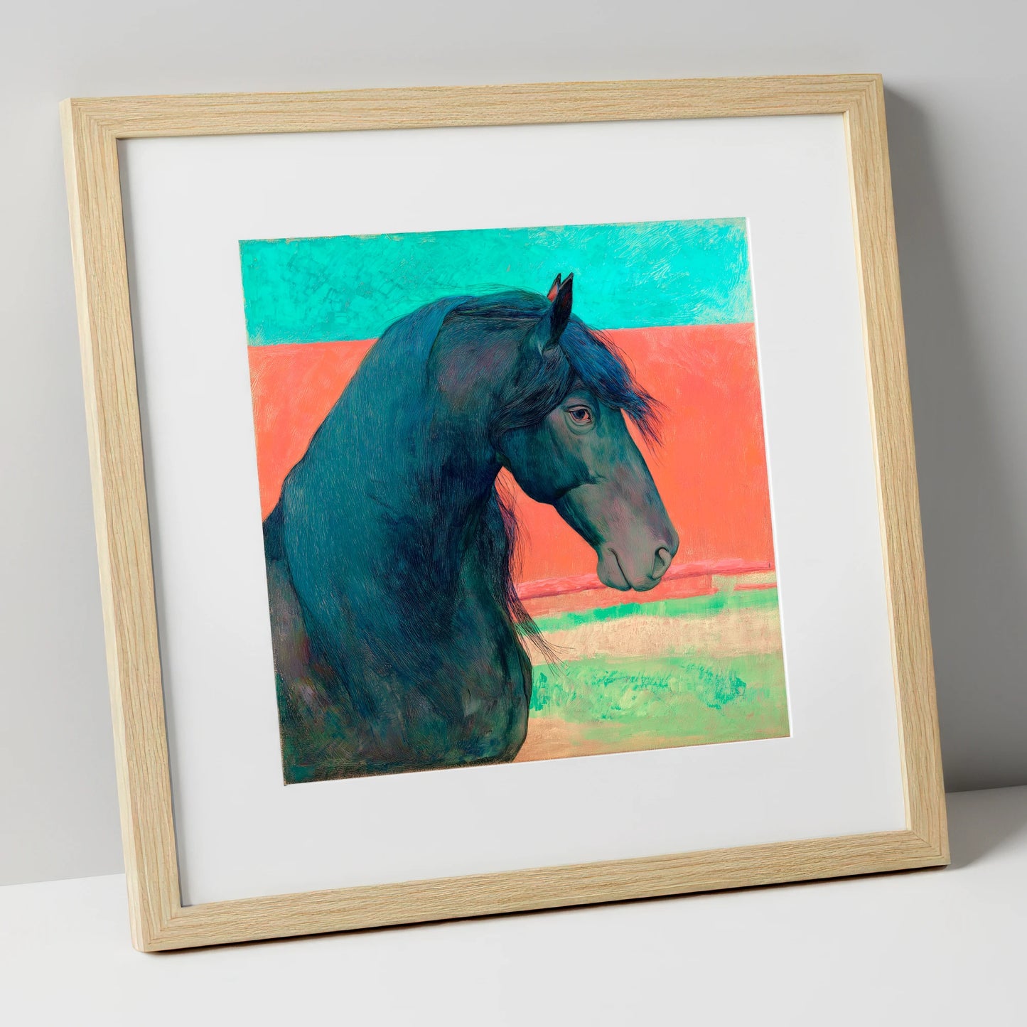 Crimson Horizon Friesian horse breed art print in natural frame
