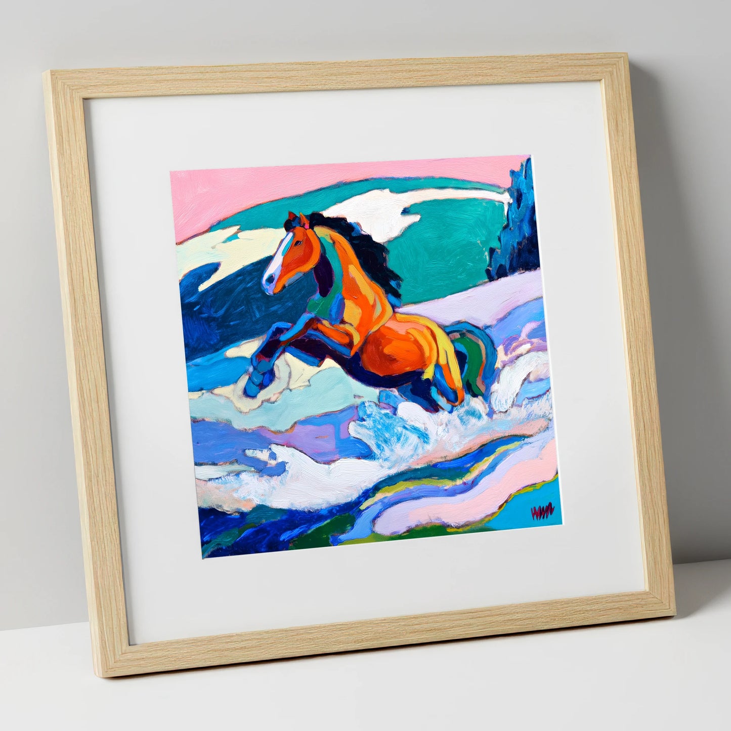 Vivid Coastal Leap beach horse art print in natural frame