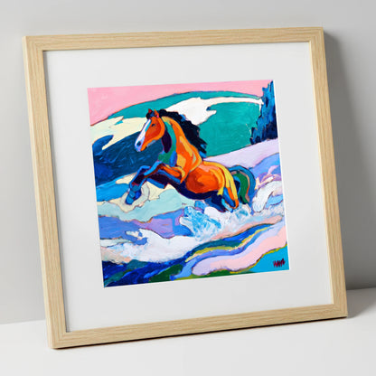 Vivid Coastal Leap beach horse art print in natural frame