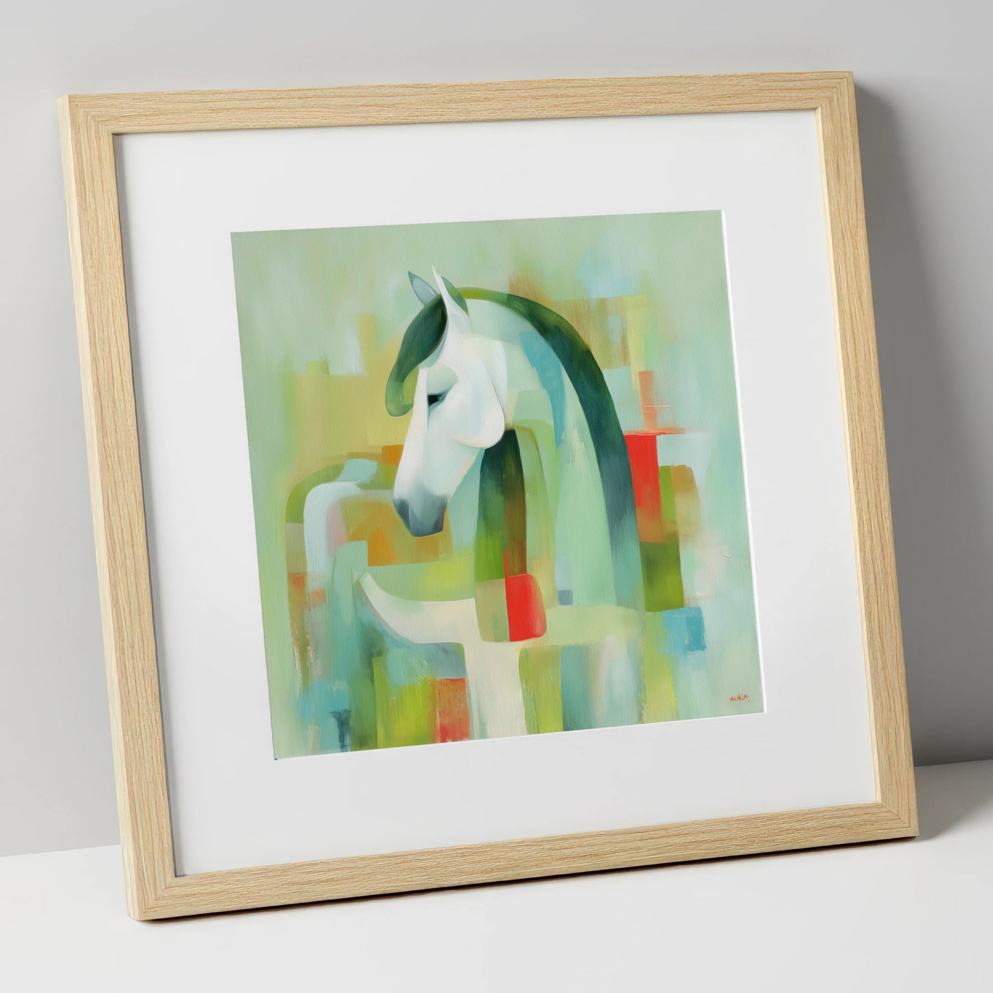 Modernist Mint Profile horse breed art print in natural frame