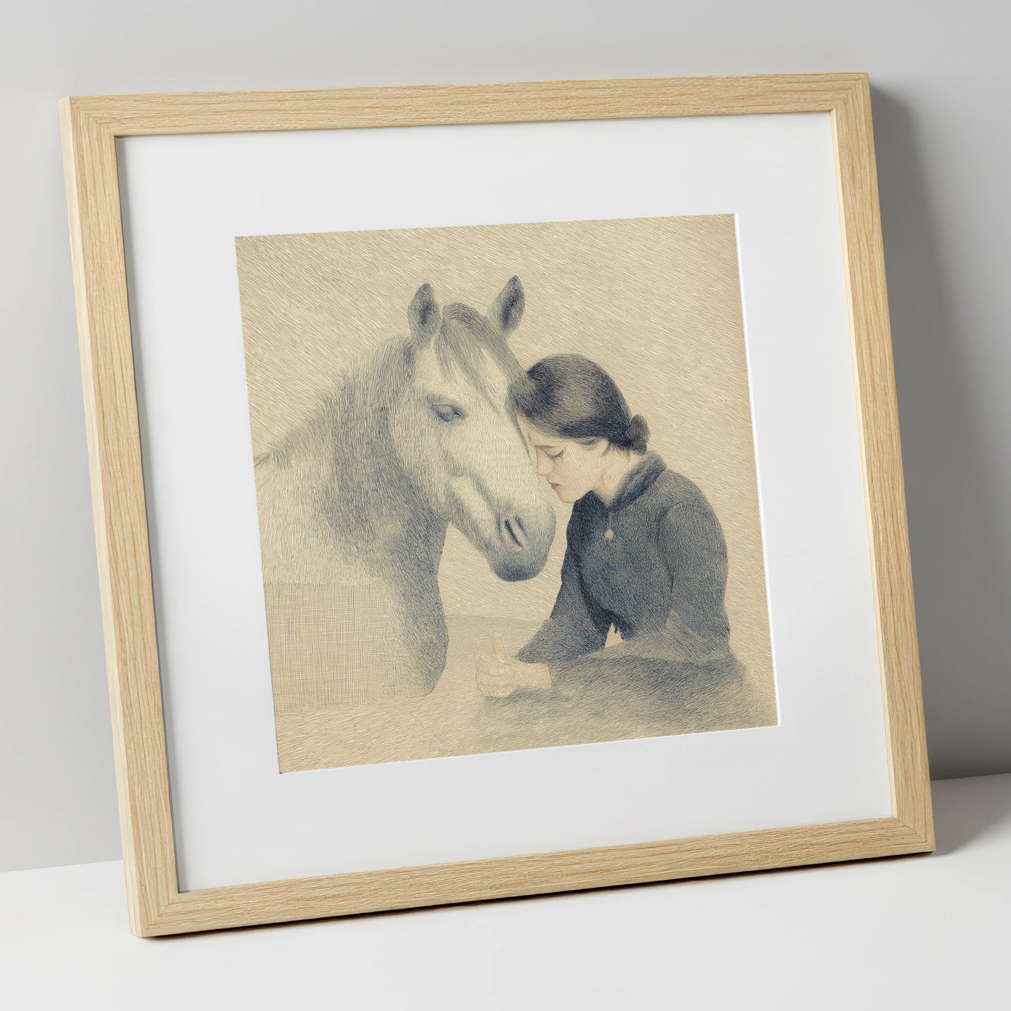 The Silent Bond horse & rider art print in natural frame