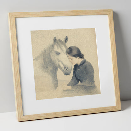 The Silent Bond horse & rider art print in natural frame