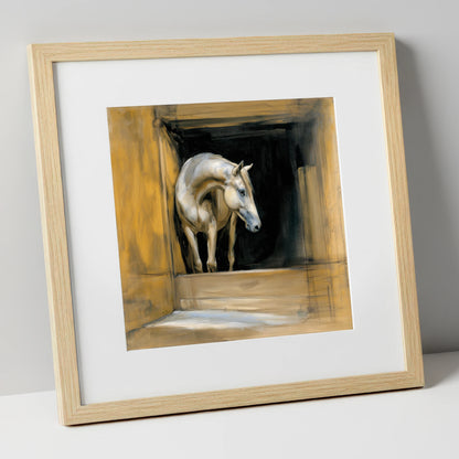 Quiet Anticipation horse stable art print in natural frame