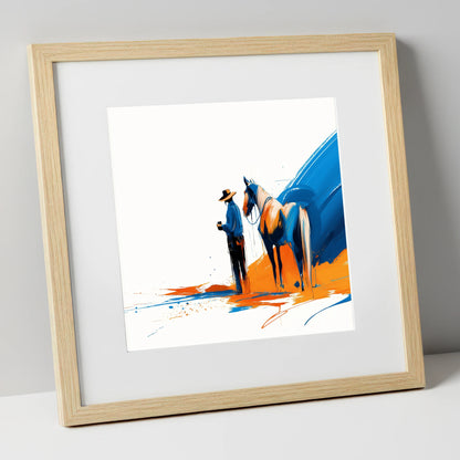 Bold Western Bond horse & rider art print in natural frame