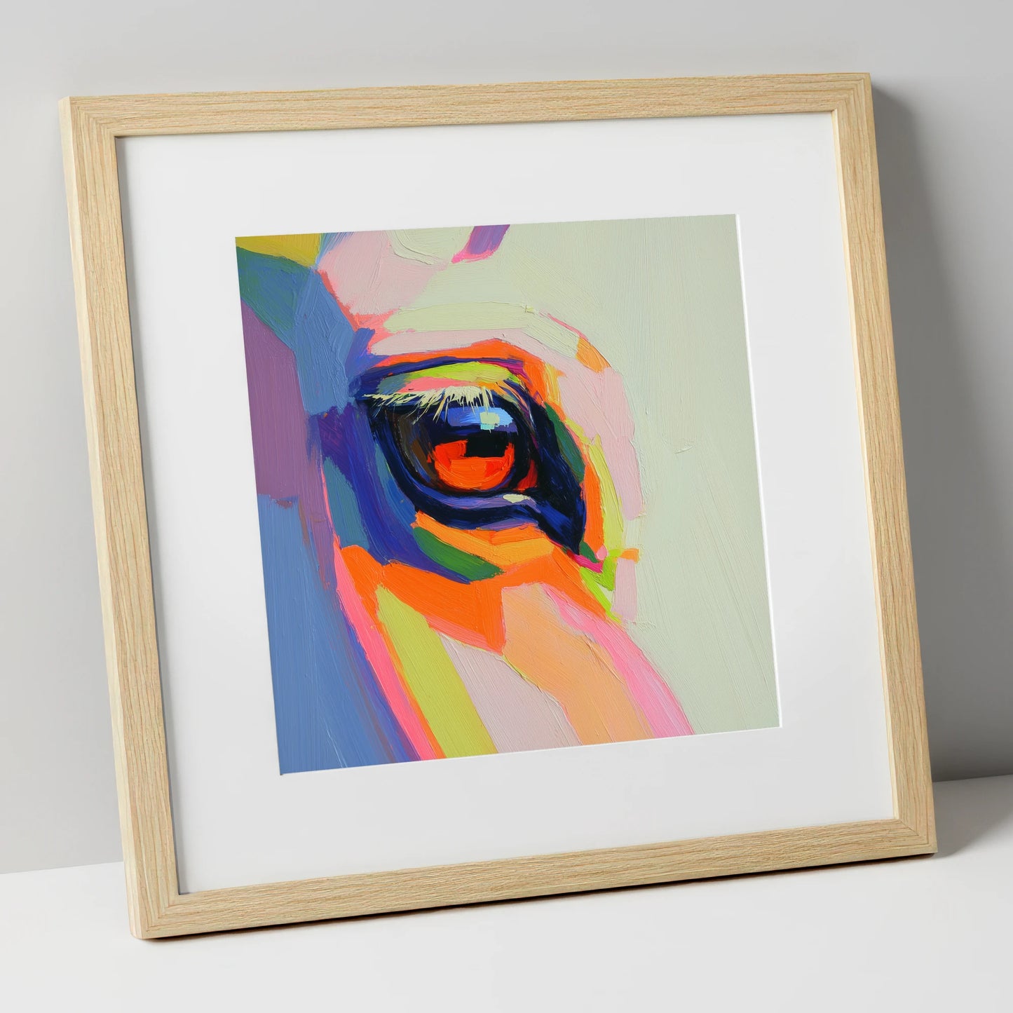 Vibrant Equine Gaze horse portrait art print in natural frame