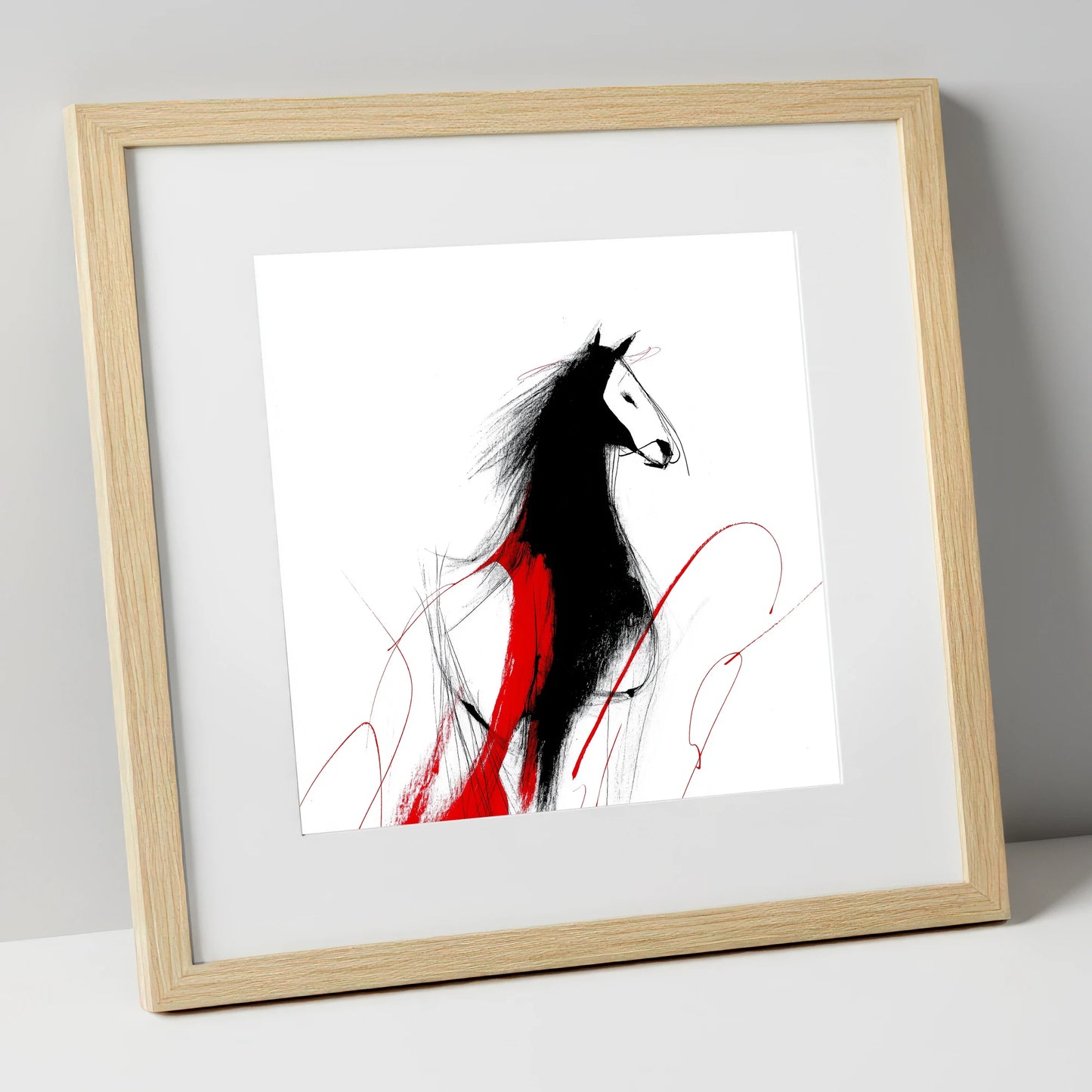 Crimson Equine Silhouette horse portrait art print in natural frame