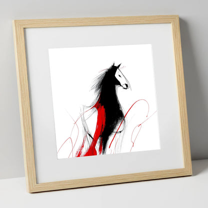 Crimson Equine Silhouette horse portrait art print in natural frame
