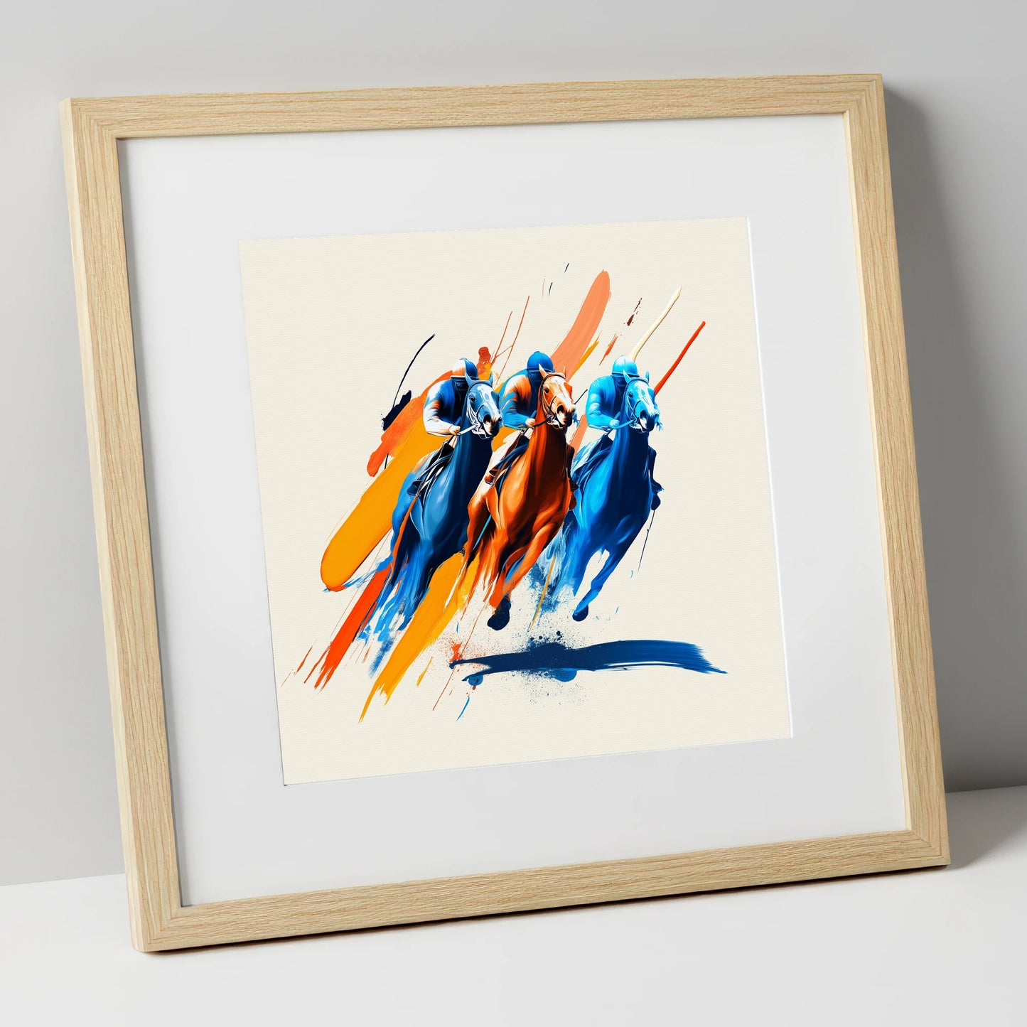 The Final Surge racing horse art print in natural frame