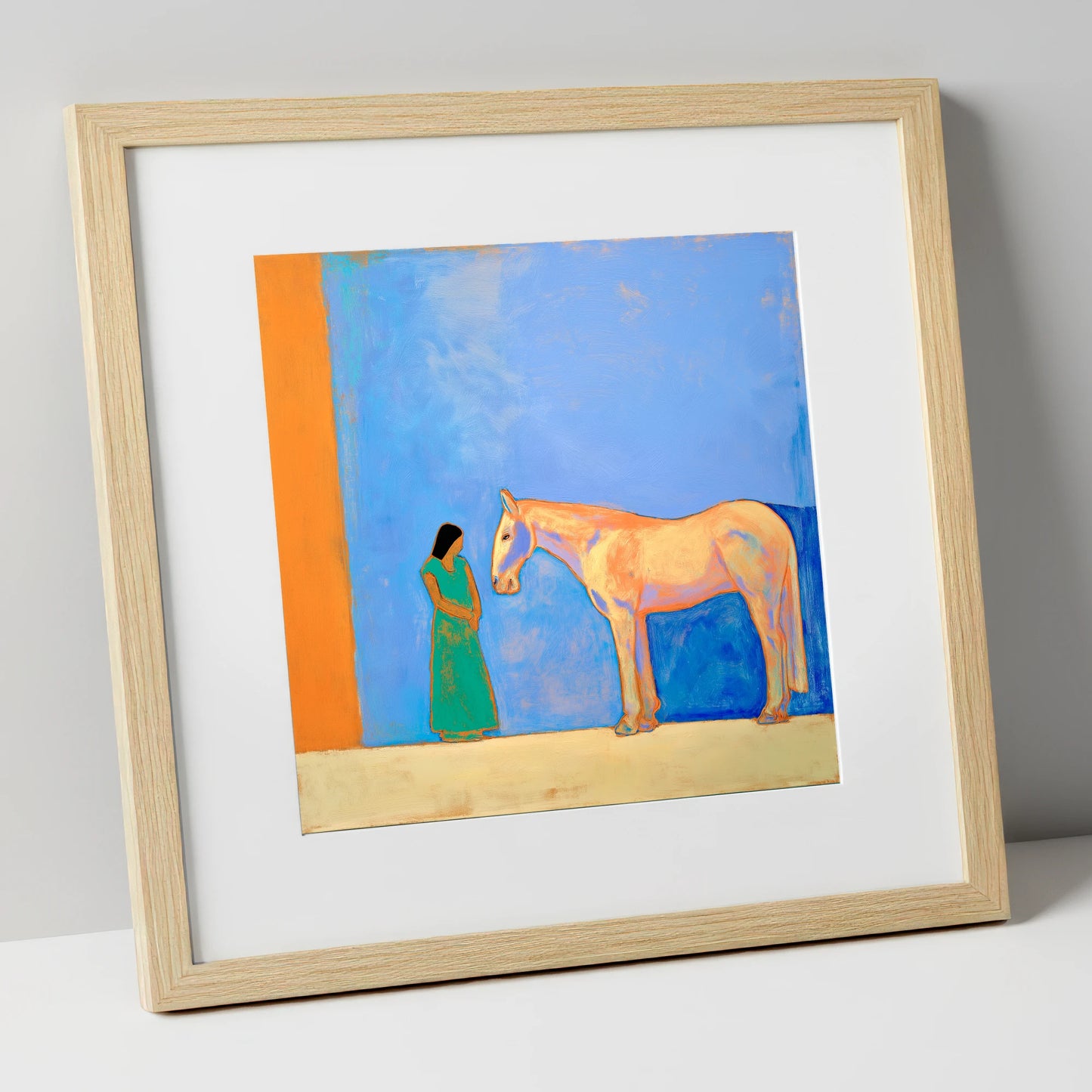 Silent Understanding horse & rider art print in natural frame