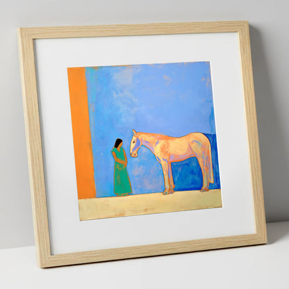 Silent Understanding horse & rider art print in natural frame