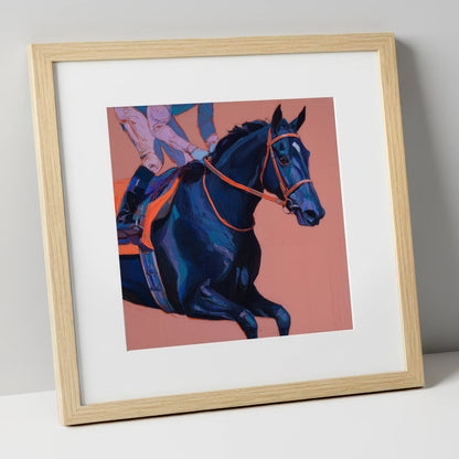 Indigo Rush racing horse art print in natural frame