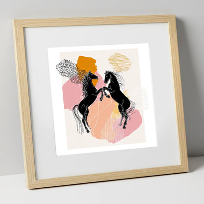 Abstract Equine Harmony wild horses art print in natural frame