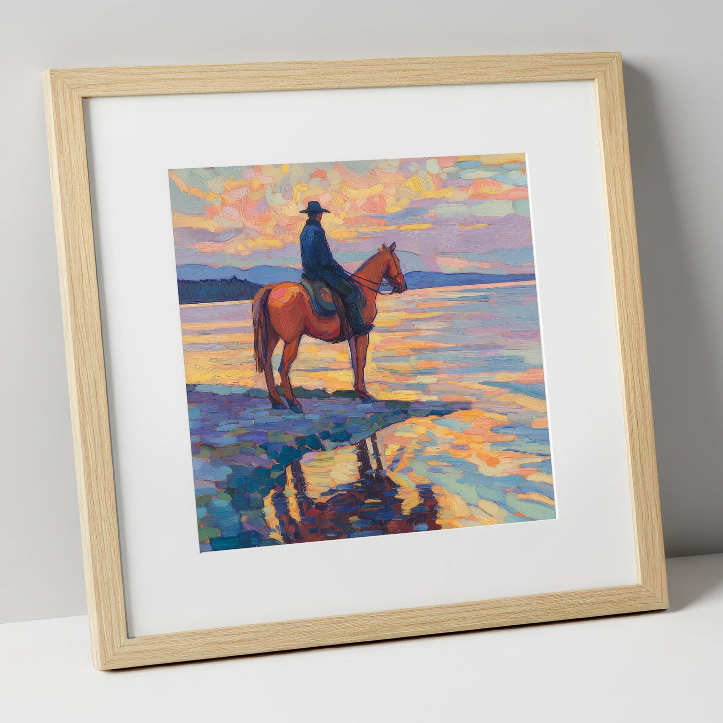 Solitary Sunset Ride beach horse art print in natural frame