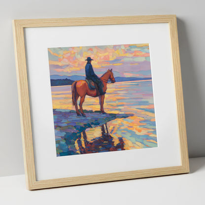 Solitary Sunset Ride beach horse art print in natural frame