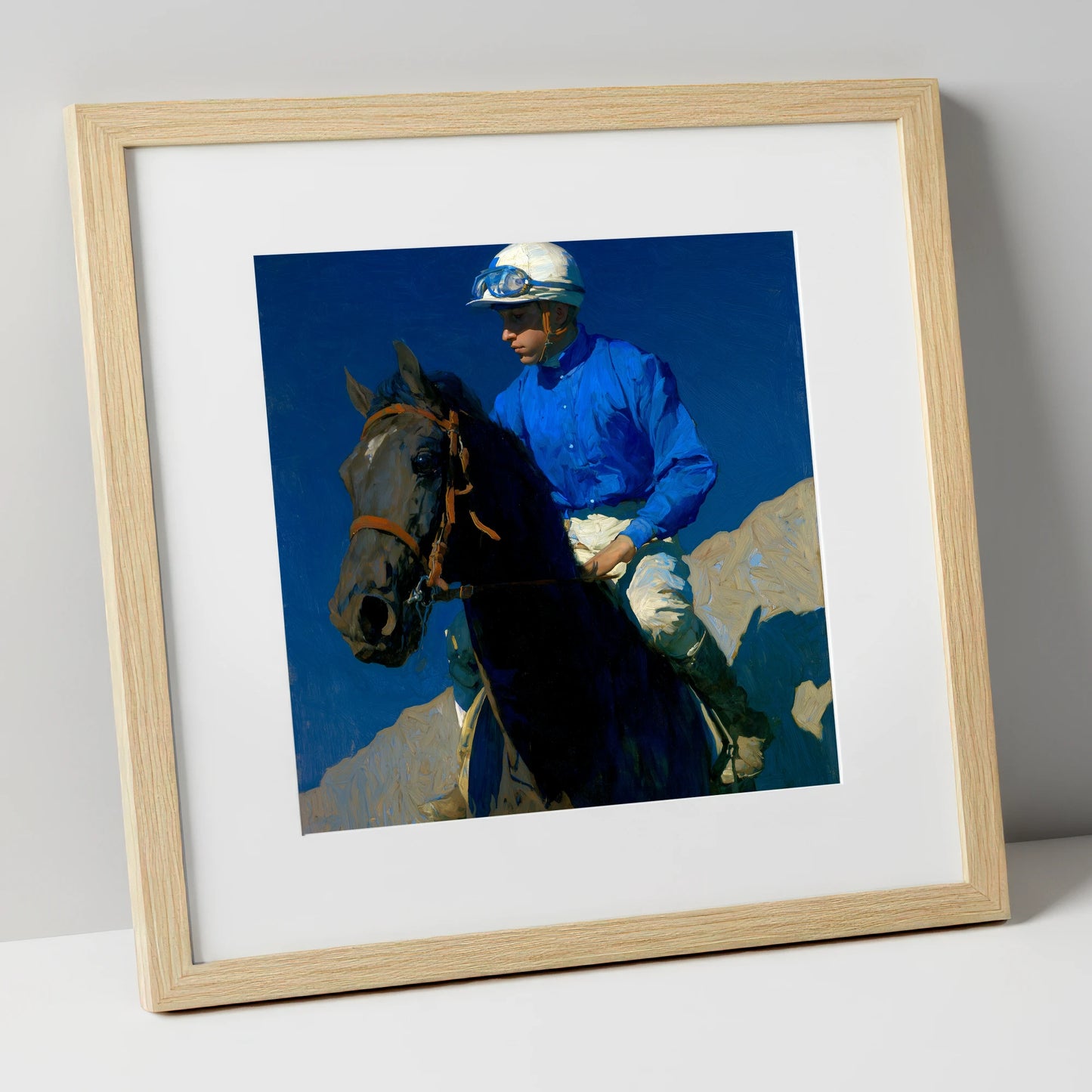 Focus Under Cobalt Skies racing horse art print in natural frame