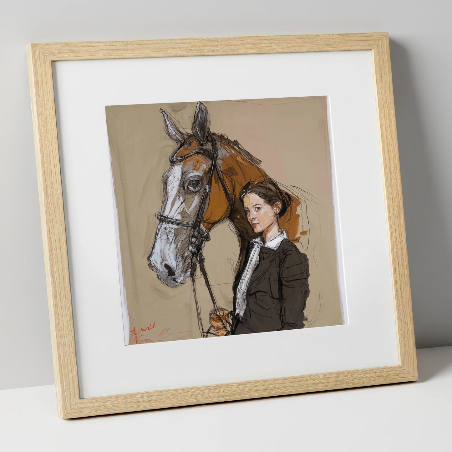 The Rider's Bond horse & rider art print in natural frame
