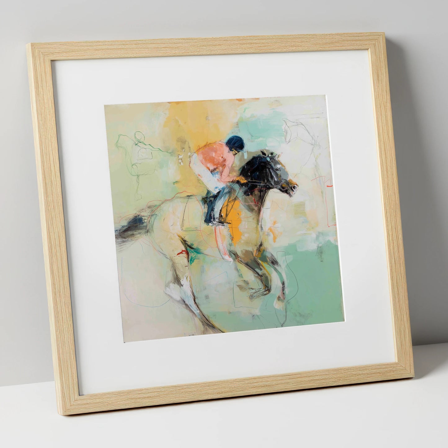 The Driving Finish racing horse art print in natural frame