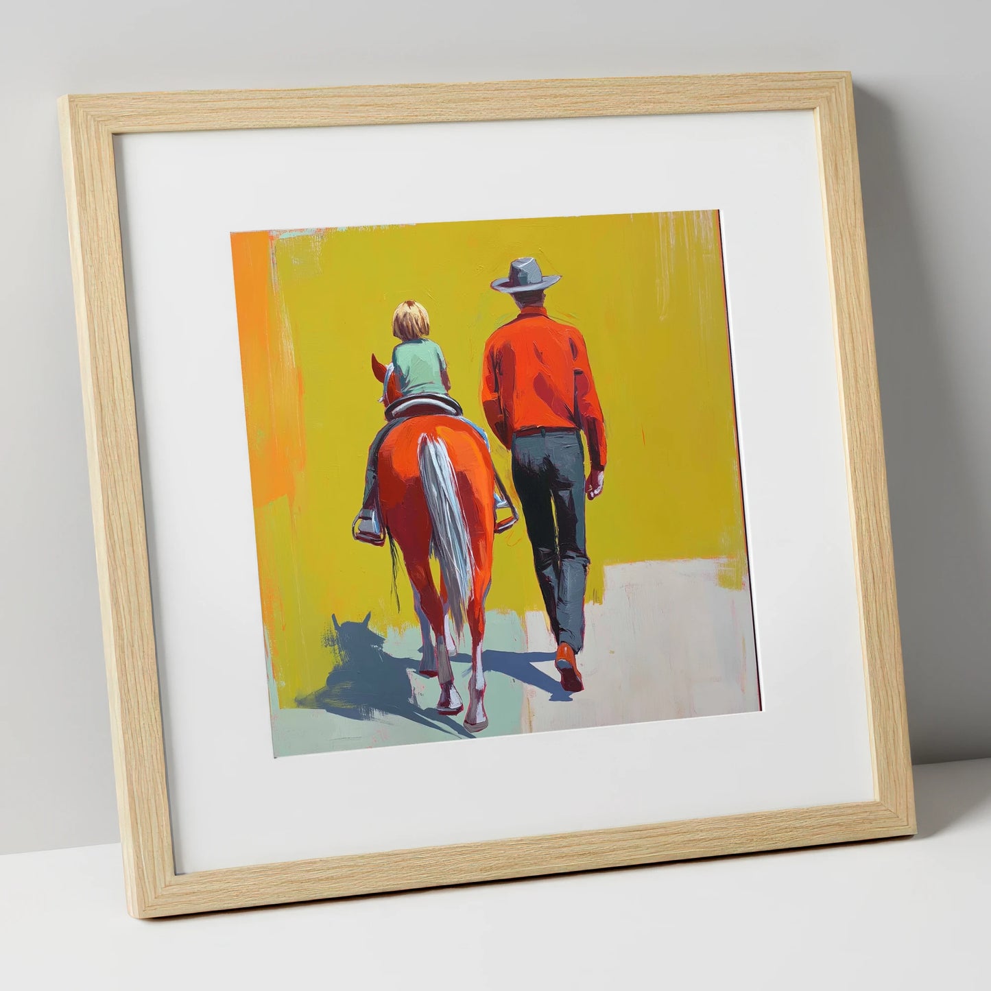 Leading the First Ride horse & rider art print in natural frame