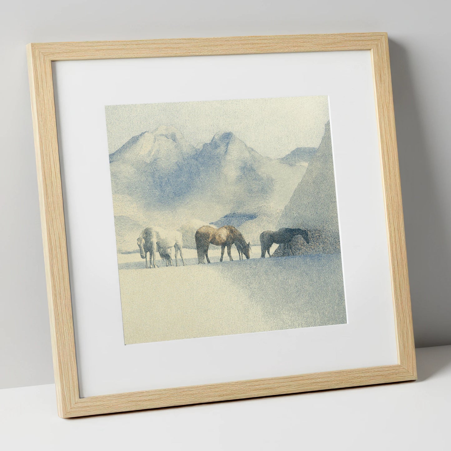 Tranquil Mountain Pasture horse landscape art print in natural frame