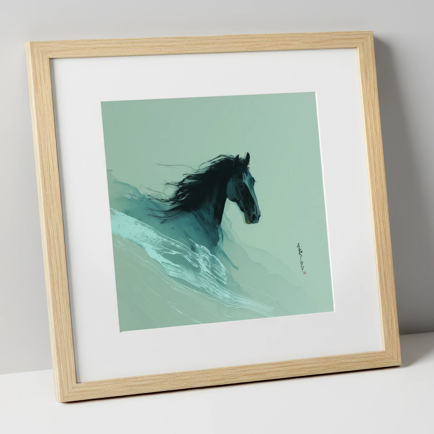 Charcoal Tempest horse breed art print in natural frame