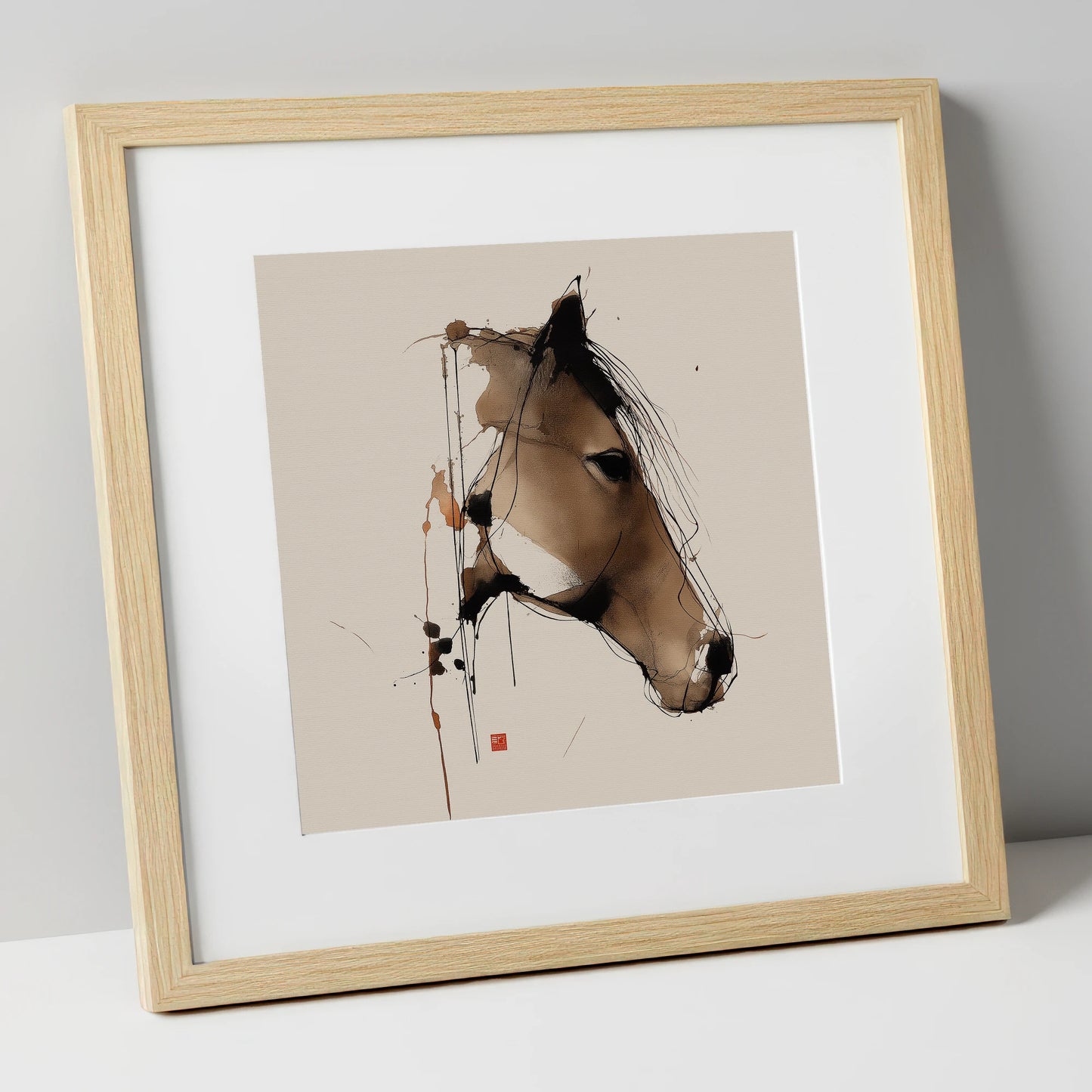 Dynamic Sepia Equine Profile horse portrait art print in natural frame