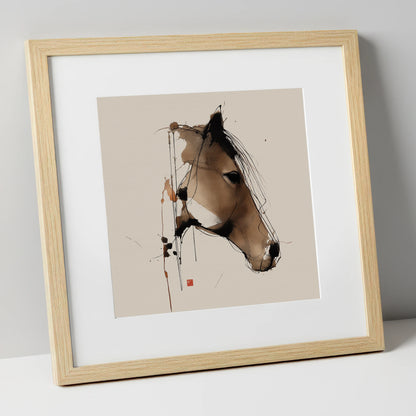 Dynamic Sepia Equine Profile horse portrait art print in natural frame