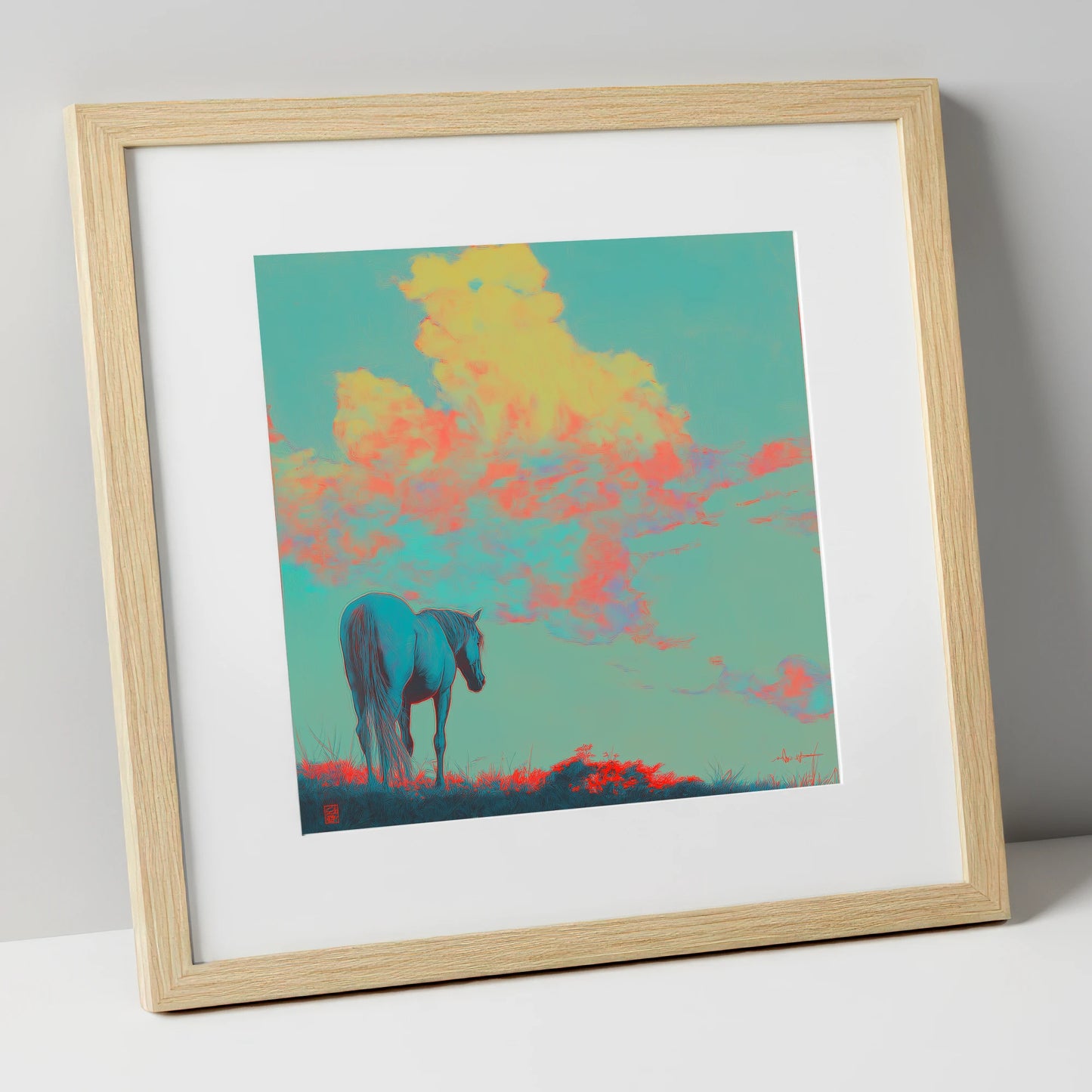 Cyan Horizon horse landscape art print in natural frame