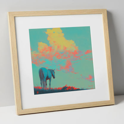 Cyan Horizon horse landscape art print in natural frame
