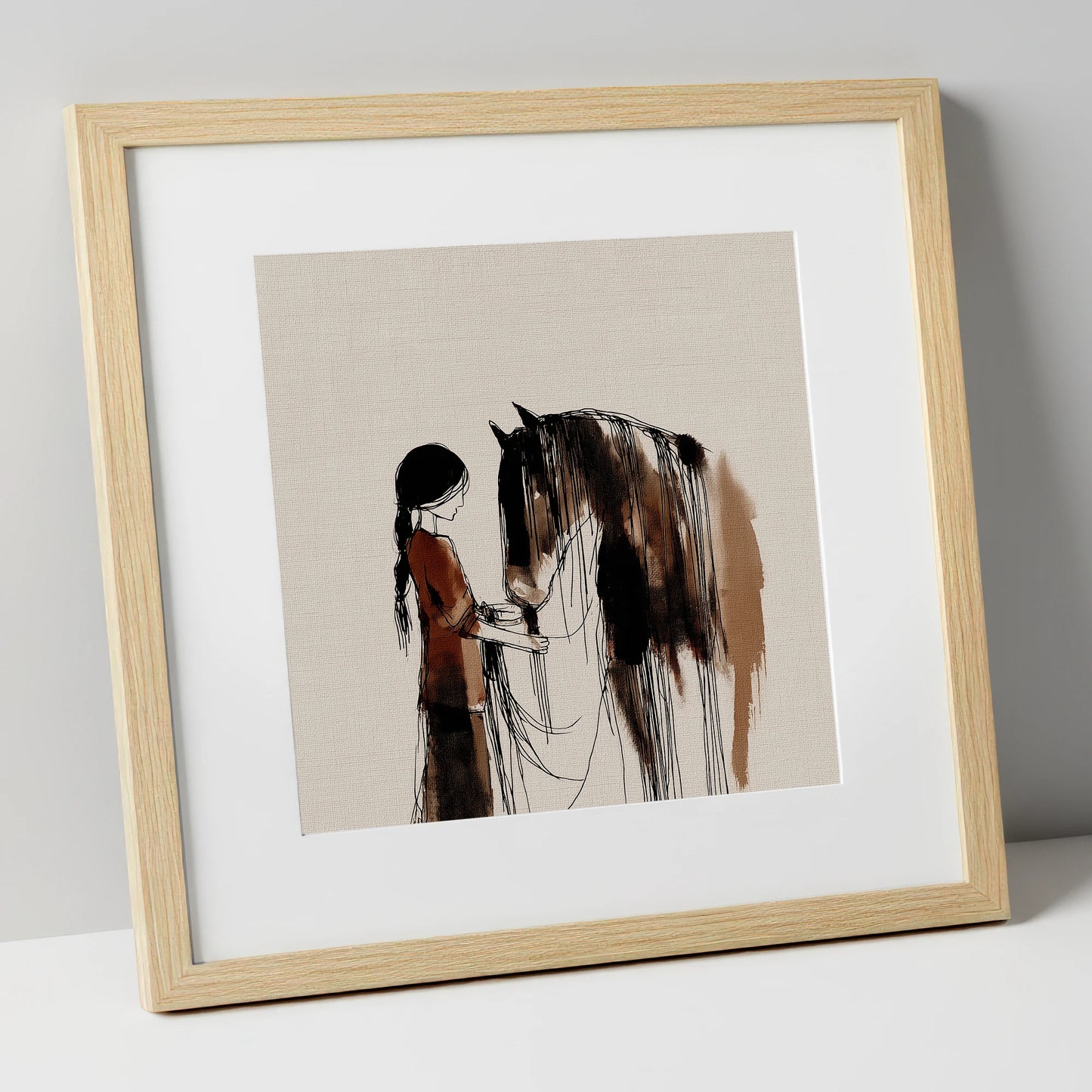 A Quiet Understanding horse & rider art print in natural frame