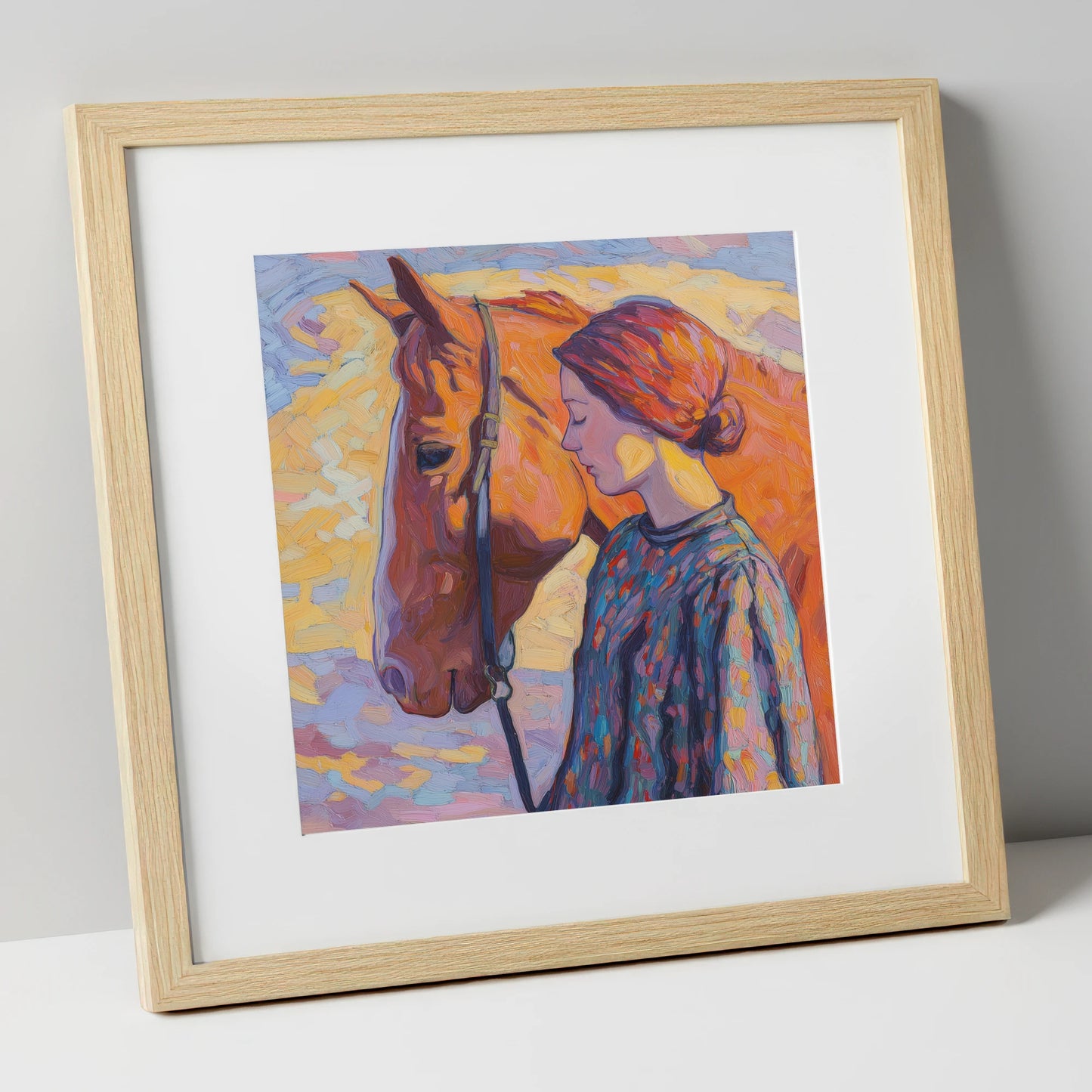 Radiant Connection horse & rider art print in natural frame