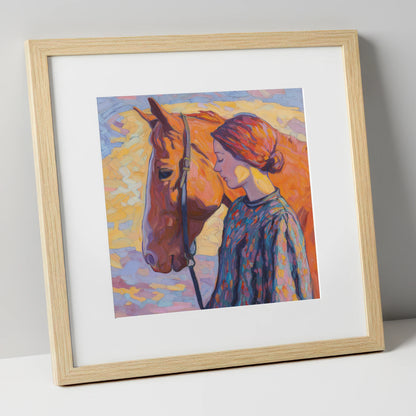 Radiant Connection horse & rider art print in natural frame