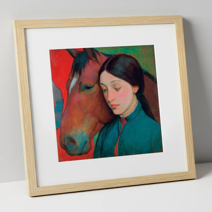 Silent Devotion horse & rider art print in natural frame