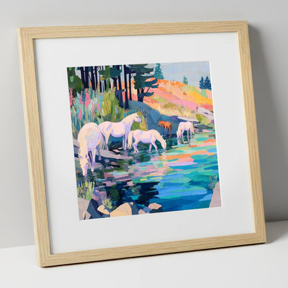 Kaleidoscope Watering Hole wild horses art print in natural frame