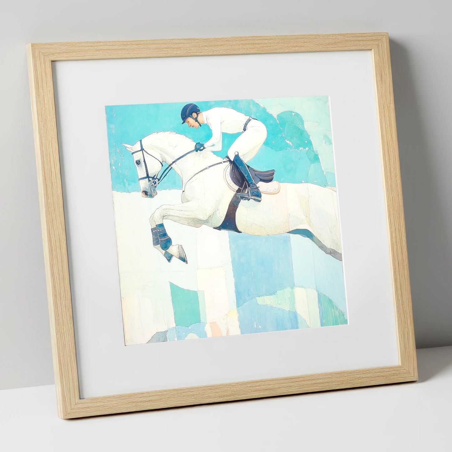 Teal Ascent show jumping horse art print in natural frame
