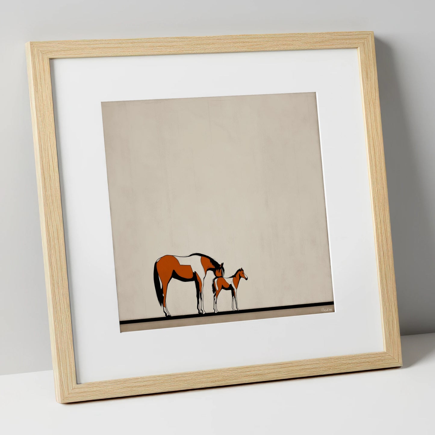 Quiet Moments mare & foal art print in natural frame